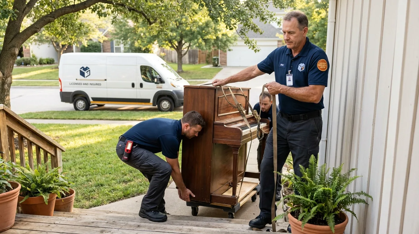Licensed piano movers securing grand piano in Dixon, KY